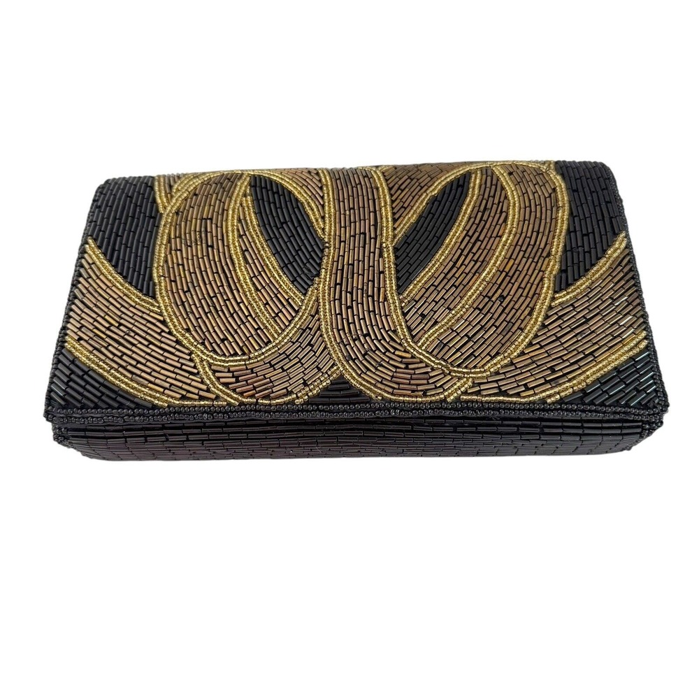 Lennox Vintage Beaded Clutch Black Gold Bronze Swirl Evening Bag Shoulder Strap